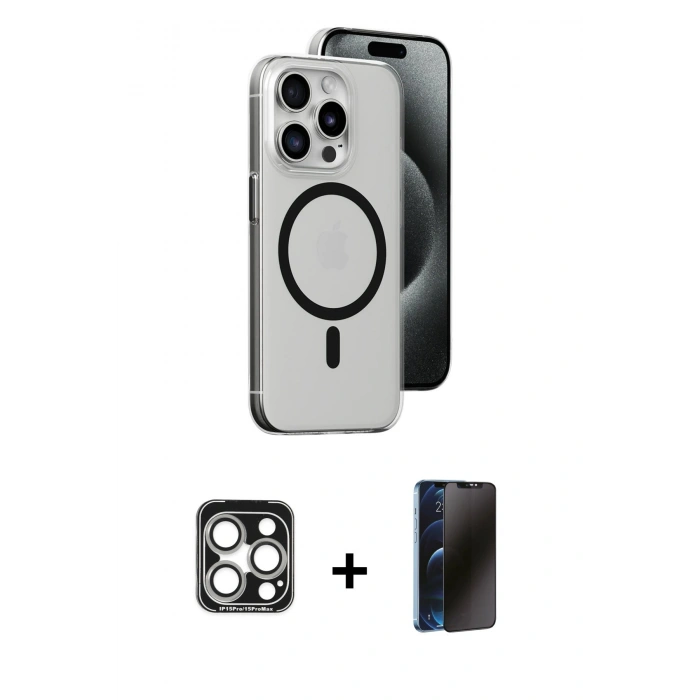 MARSİLYAN™- iPhone 15 Pro Max Kılıf Odak Form Özel Seri - Siyah 3D Antistatik Hayalet Cam Ekran Koruyucu + PVD Metal Kamera Lens - GS