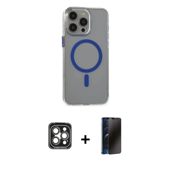 MARSİLYAN™- iPhone 15 Pro Max Kılıf Odak Form Özel Seri - Siyah 3D Antistatik Hayalet Cam Ekran Koruyucu + Gri PVD Metal Kamera Lens