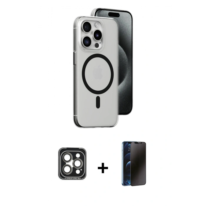 MARSİLYAN™- iPhone 15 Pro Max Kılıf Odak Form Özel Seri - Siyah 3D Antistatik Hayalet Cam Ekran Koruyucu + Gri PVD Metal Kamera Lens