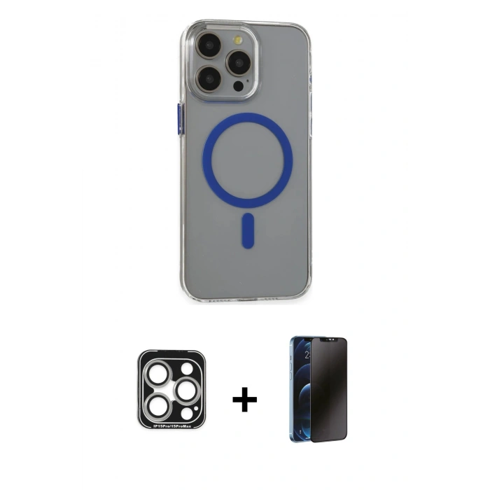 MARSİLYAN™- iPhone 15 Pro Max Kılıf Odak Form Özel Seri - Siyah 3D Antistatik Hayalet Cam Ekran Koruyucu + PVD Metal Kamera Lens - GS