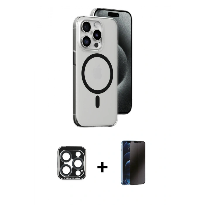 MARSİLYAN™- iPhone 15 Pro Max Kılıf Odak Form Özel Seri - Siyah 3D Antistatik Hayalet Cam Ekran Koruyucu + PVD Metal Kamera Lens - LT