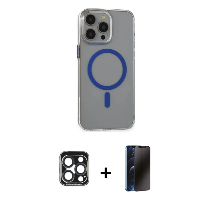 MARSİLYAN™- iPhone 15 Pro Max Kılıf Odak Form Özel Seri - Siyah 3D Antistatik Hayalet Cam Ekran Koruyucu + PVD Metal Kamera Lens - LT