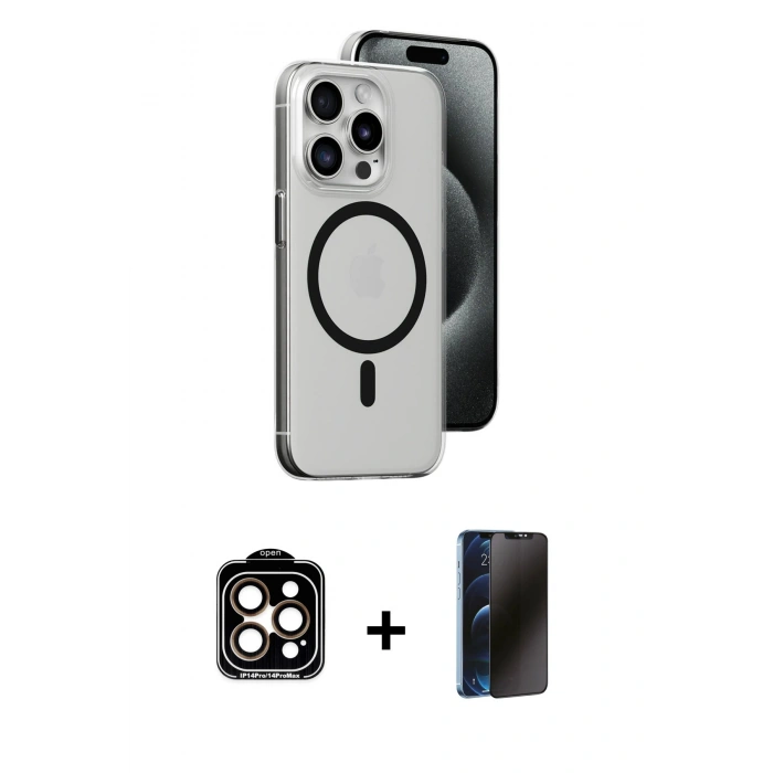 MARSİLYAN™- iPhone 15 Pro Max Kılıf Odak Form Özel Seri - Siyah 3D Antistatik Hayalet Cam Ekran Koruyucu + PVD Metal Kamera Lens - TU