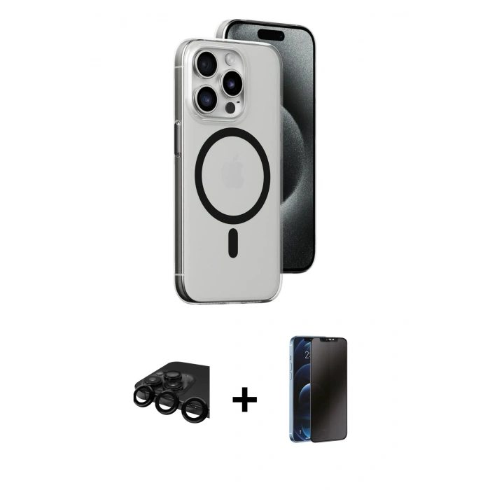 MARSİLYAN™- iPhone 15 Pro Max Kılıf Odak Form Özel Seri - Siyah 3D Antistatik Hayalet Cam Ekran Koruyucu + Raze Metal Kamera Lens - SH