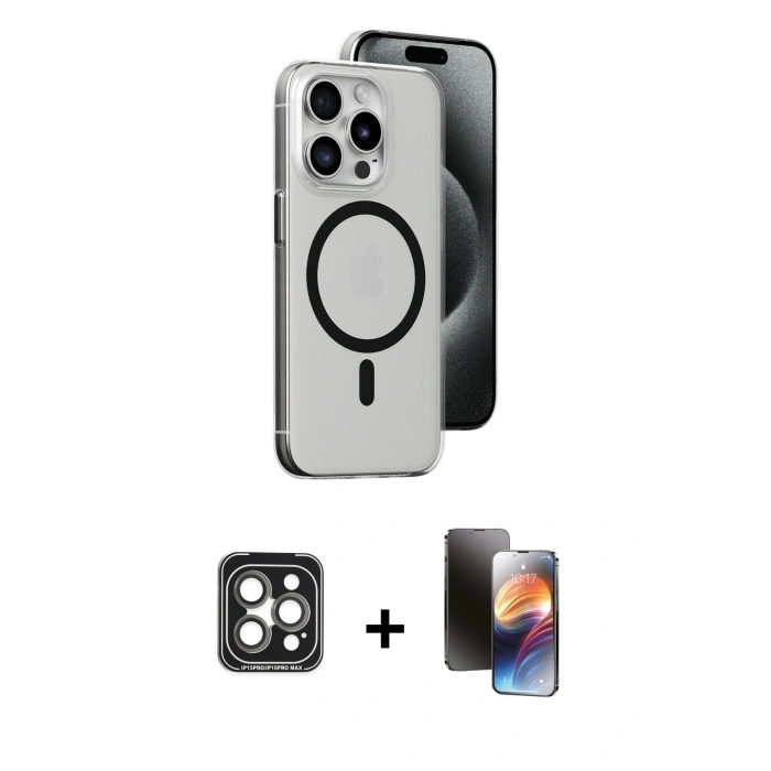 MARSİLYAN™- iPhone 15 Pro Max Kılıf Odak Form Özel Seri - Siyah 3D Antistatik Mat Seramik Nano Ekran Koruyucu + PVD Metal Kamera Lens - GI