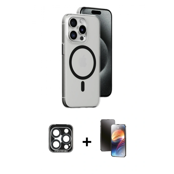 MARSİLYAN™- iPhone 15 Pro Max Kılıf Odak Form Özel Seri - Siyah 3D Antistatik Mat Seramik Nano Ekran Koruyucu + PVD Metal Kamera Lens - LT