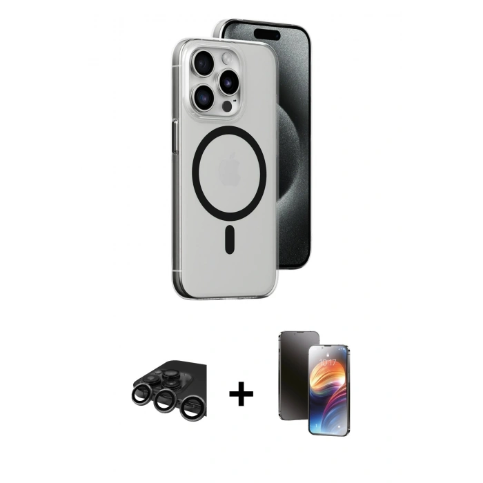 MARSİLYAN™- iPhone 15 Pro Max Kılıf Odak Form Özel Seri - Siyah 3D Antistatik Mat Seramik Nano Ekran Koruyucu + Raze Metal Kamera Lens - TMGI
