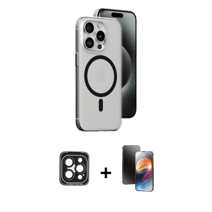 MARSİLYAN™- iPhone 15 Pro Max Kılıf Odak Form Özel Seri - Siyah 3D Antistatik Mat Seramik Nano Ekran Koruyucu + PVD Metal Kamera Lens - SH