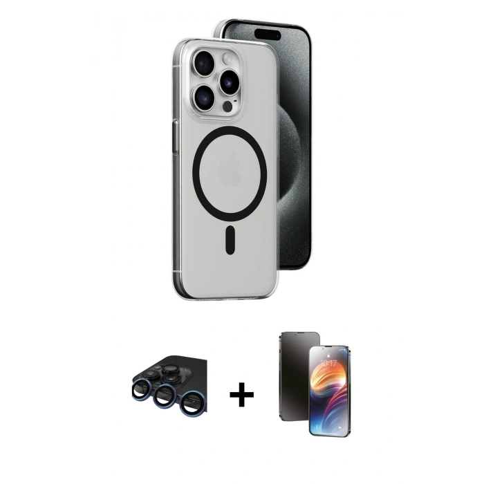 MARSİLYAN™- iPhone 15 Pro Max Kılıf Odak Form Özel Seri - Siyah 3D Antistatik Mat Seramik Nano Ekran Koruyucu + Raze Metal Kamera Lens - LT