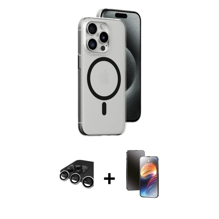 MARSİLYAN™- iPhone 15 Pro Max Kılıf Odak Form Özel Seri - Siyah 3D Antistatik Mat Seramik Nano Ekran Koruyucu + Raze Metal Kamera Lens - GS