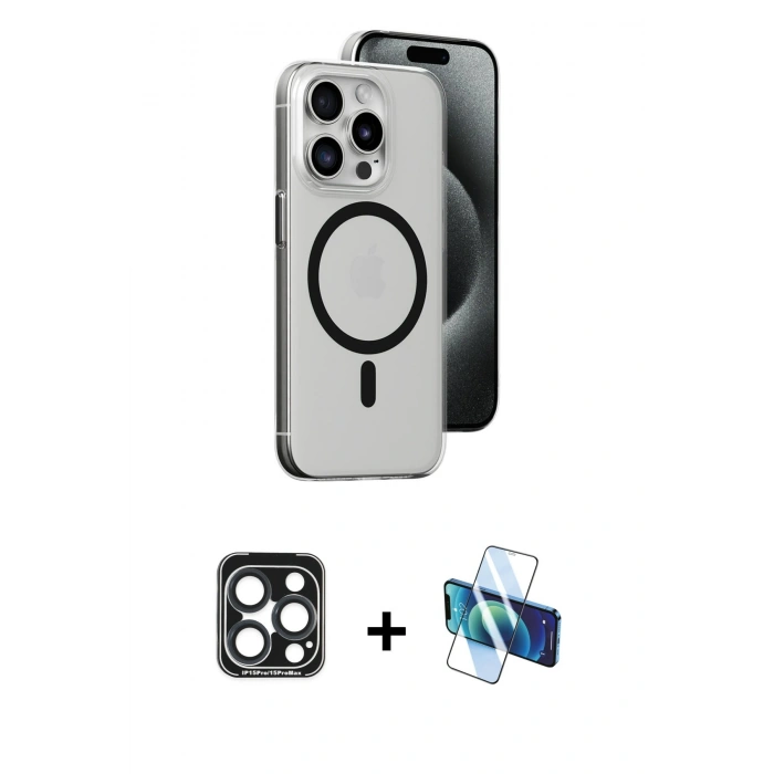 MARSİLYAN™- iPhone 15 Pro Max Kılıf Odak Form Özel Seri - Siyah 3D Antistatik Seramik Nano Ekran Koruyucu + PVD Metal Kamera Lens - LT