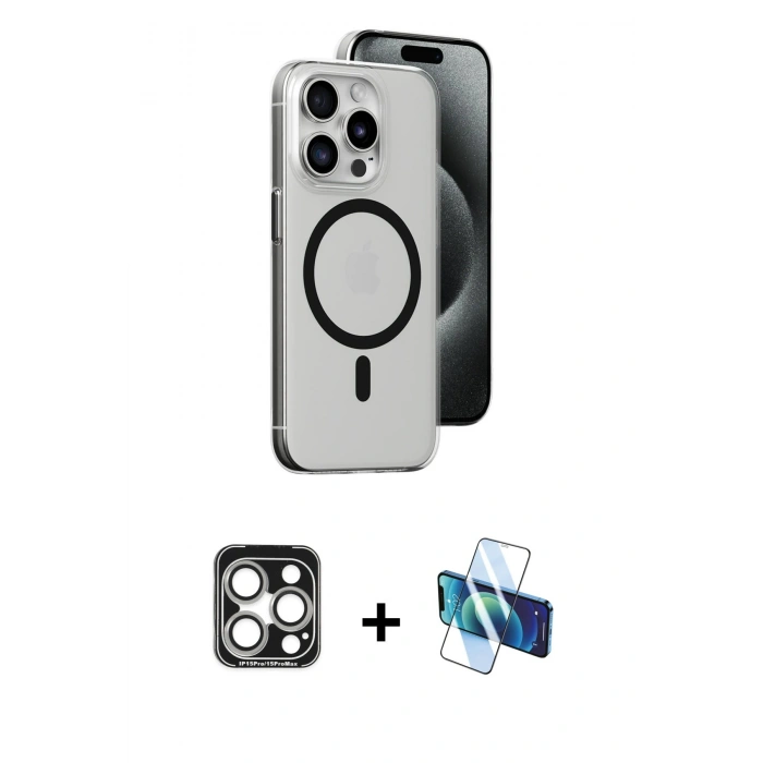 MARSİLYAN™- iPhone 15 Pro Max Kılıf Odak Form Özel Seri - Siyah 3D Antistatik Seramik Nano Ekran Koruyucu + PVD Metal Kamera Lens - GS