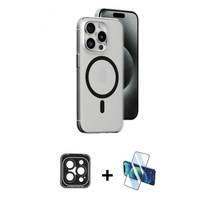 MARSİLYAN™- iPhone 15 Pro Max Kılıf Odak Form Özel Seri - Siyah 3D Antistatik Seramik Nano Ekran Koruyucu + Siyah PVD Metal Kamera Lens