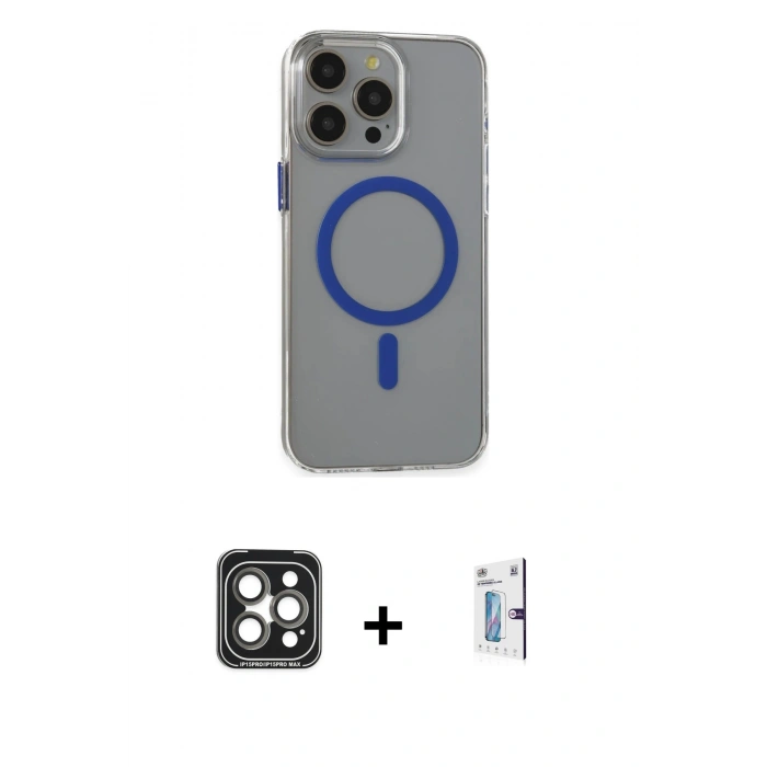MARSİLYAN™- iPhone 15 Pro Max Kılıf Odak Form Özel Seri - Siyah Bilvis 0.18mm Plus Cam Ekran Koruyucu + PVD Metal Kamera Lens - GI