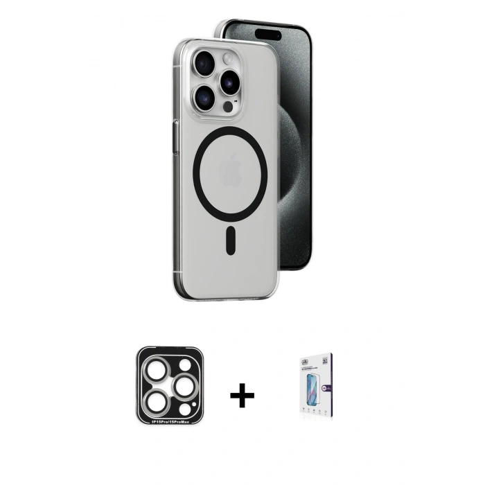 MARSİLYAN™- iPhone 15 Pro Max Kılıf Odak Form Özel Seri - Siyah Bilvis 0.18mm Plus Cam Ekran Koruyucu + PVD Metal Kamera Lens - GS