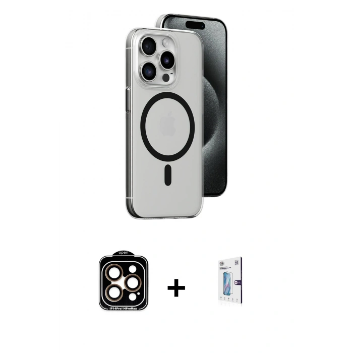MARSİLYAN™- iPhone 15 Pro Max Kılıf Odak Form Özel Seri - Siyah Bilvis 0.18mm Plus Cam Ekran Koruyucu + PVD Metal Kamera Lens - TU