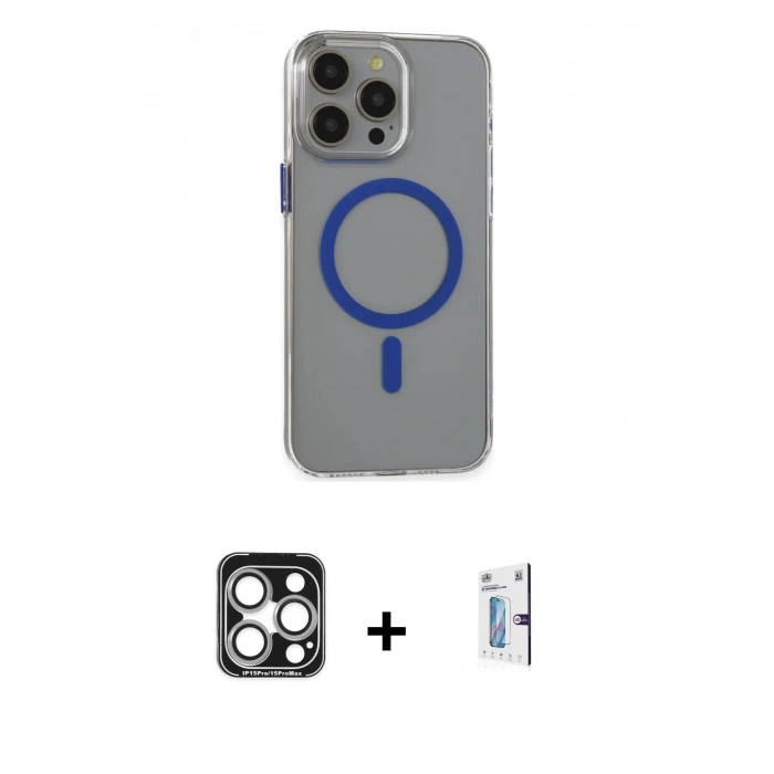 MARSİLYAN™- iPhone 15 Pro Max Kılıf Odak Form Özel Seri - Siyah Bilvis 0.18mm Plus Cam Ekran Koruyucu + PVD Metal Kamera Lens - GS