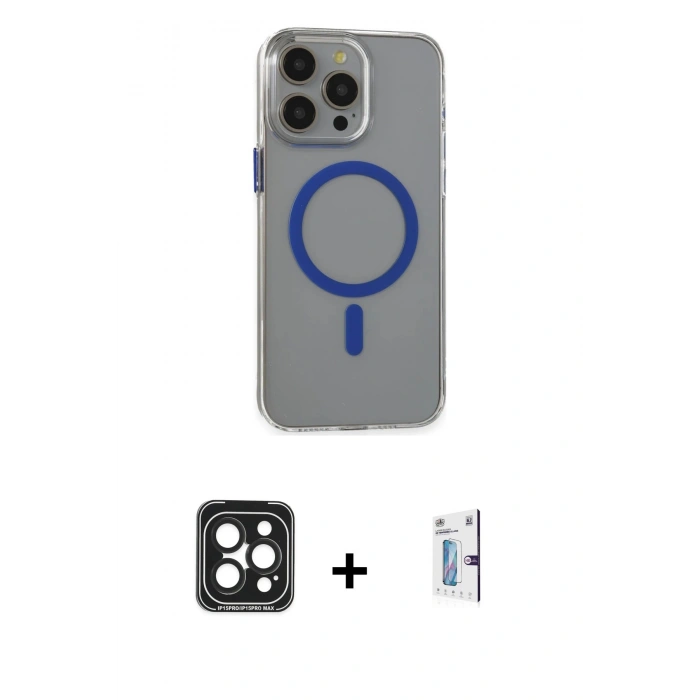 MARSİLYAN™- iPhone 15 Pro Max Kılıf Odak Form Özel Seri - Siyah Bilvis 0.18mm Plus Cam Ekran Koruyucu + PVD Metal Kamera Lens - SH