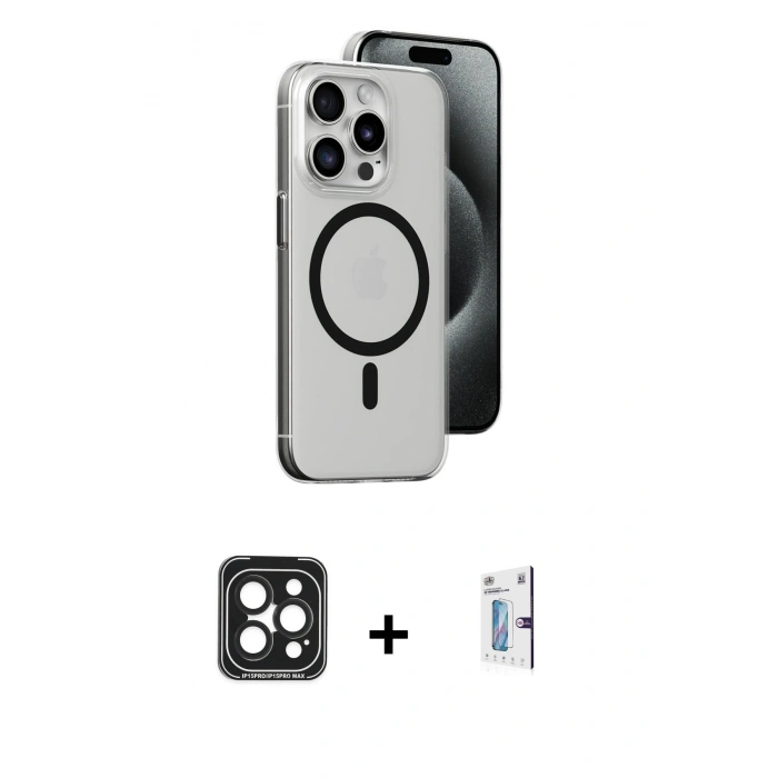 MARSİLYAN™- iPhone 15 Pro Max Kılıf Odak Form Özel Seri - Siyah Bilvis 0.18mm Plus Cam Ekran Koruyucu + PVD Metal Kamera Lens - SH