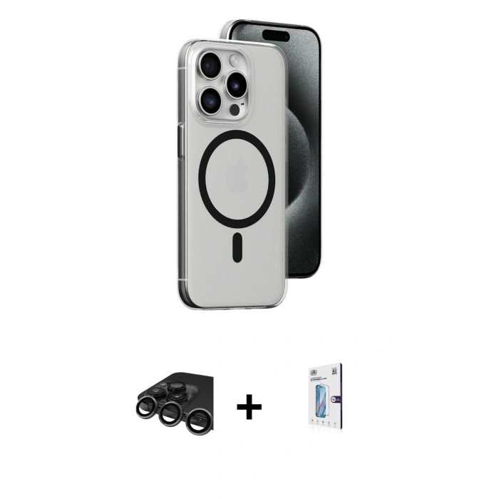 MARSİLYAN™- iPhone 15 Pro Max Kılıf Odak Form Özel Seri - Siyah Bilvis 0.18mm Plus Cam Ekran Koruyucu + Raze Metal Kamera Lens - TMGI