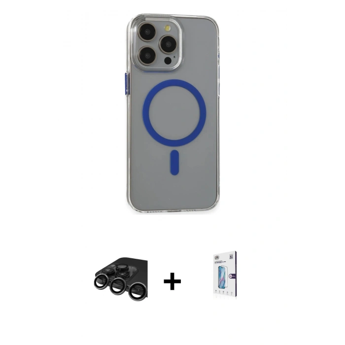 MARSİLYAN™- iPhone 15 Pro Max Kılıf Odak Form Özel Seri - Siyah Bilvis 0.18mm Plus Cam Ekran Koruyucu + Raze Metal Kamera Lens - TMGI