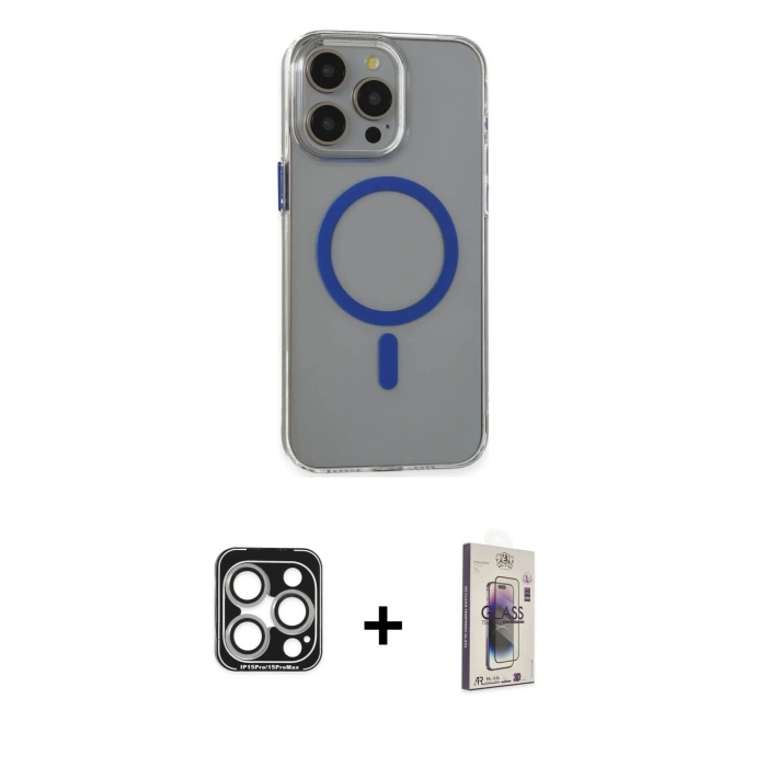 MARSİLYAN™- iPhone 15 Pro Max Kılıf Odak Form Özel Seri - Siyah Bilvis 3D Cam Ekran Koruyucu + PVD Metal Kamera Lens - GS