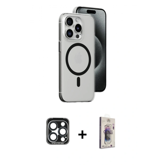 MARSİLYAN™- iPhone 15 Pro Max Kılıf Odak Form Özel Seri - Siyah Bilvis 3D Cam Ekran Koruyucu + PVD Metal Kamera Lens - LT