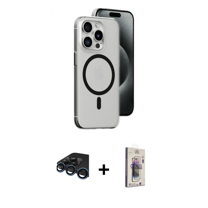 MARSİLYAN™- iPhone 15 Pro Max Kılıf Odak Form Özel Seri - Siyah Bilvis 3D Cam Ekran Koruyucu + Raze Metal Kamera Lens - LT