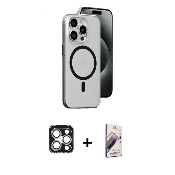 MARSİLYAN™- iPhone 15 Pro Max Kılıf Odak Form Özel Seri - Siyah Bilvis 3D Mat Cam Ekran Koruyucu + Gümüş PVD Metal Kamera Lens
