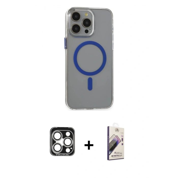 MARSİLYAN™- iPhone 15 Pro Max Kılıf Odak Form Özel Seri - Siyah Bilvis 3D Mat Cam Ekran Koruyucu + Gümüş PVD Metal Kamera Lens