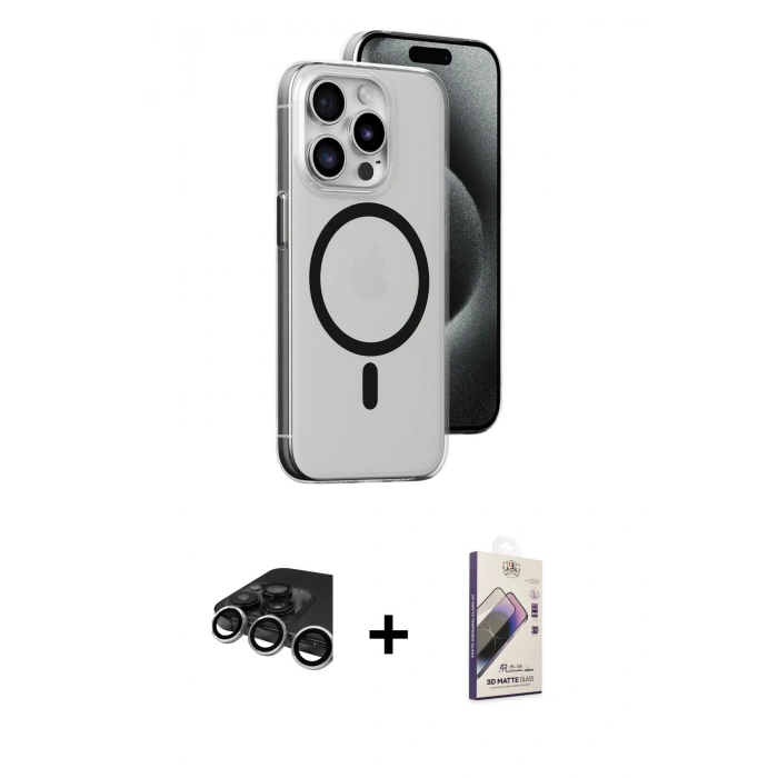 MARSİLYAN™- iPhone 15 Pro Max Kılıf Odak Form Özel Seri - Siyah Bilvis 3D Mat Cam Ekran Koruyucu + Gümüş Raze Metal Kamera Lens