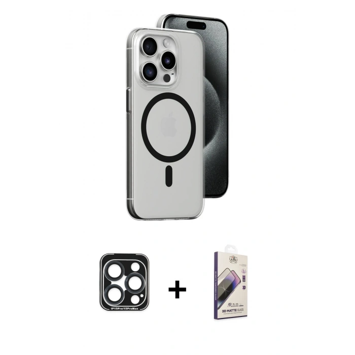 MARSİLYAN™- iPhone 15 Pro Max Kılıf Odak Form Özel Seri - Siyah Bilvis 3D Mat Cam Ekran Koruyucu + PVD Metal Kamera Lens - LT