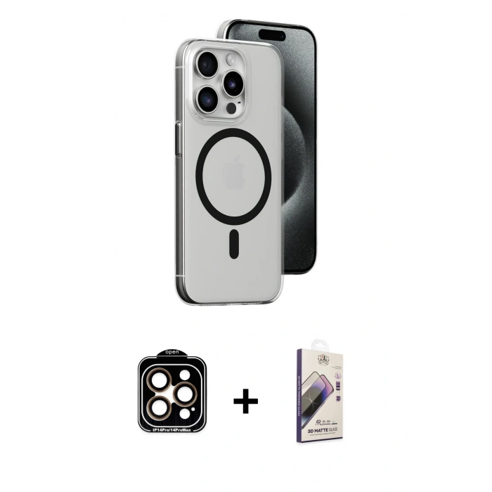 MARSİLYAN™- iPhone 15 Pro Max Kılıf Odak Form Özel Seri - Siyah Bilvis 3D Mat Cam Ekran Koruyucu + PVD Metal Kamera Lens - TU
