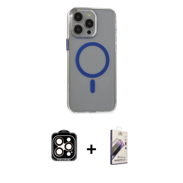 MARSİLYAN™- iPhone 15 Pro Max Kılıf Odak Form Özel Seri - Siyah Bilvis 3D Mat Cam Ekran Koruyucu + PVD Metal Kamera Lens - TU