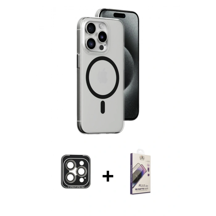 MARSİLYAN™- iPhone 15 Pro Max Kılıf Odak Form Özel Seri - Siyah Bilvis 3D Mat Cam Ekran Koruyucu + PVD Metal Kamera Lens - GI