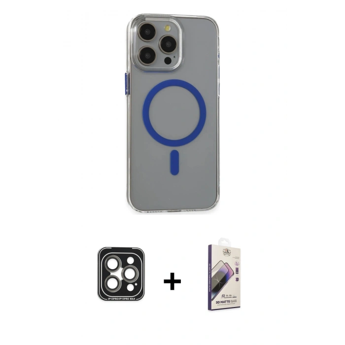 MARSİLYAN™- iPhone 15 Pro Max Kılıf Odak Form Özel Seri - Siyah Bilvis 3D Mat Cam Ekran Koruyucu + PVD Metal Kamera Lens - GI