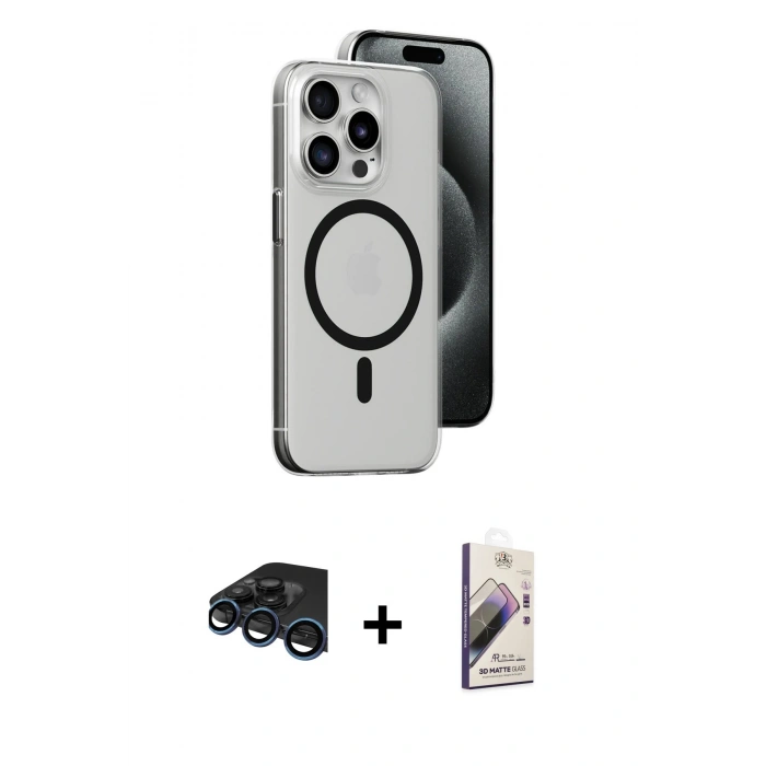 MARSİLYAN™- iPhone 15 Pro Max Kılıf Odak Form Özel Seri - Siyah Bilvis 3D Mat Cam Ekran Koruyucu + Raze Metal Kamera Lens - LT