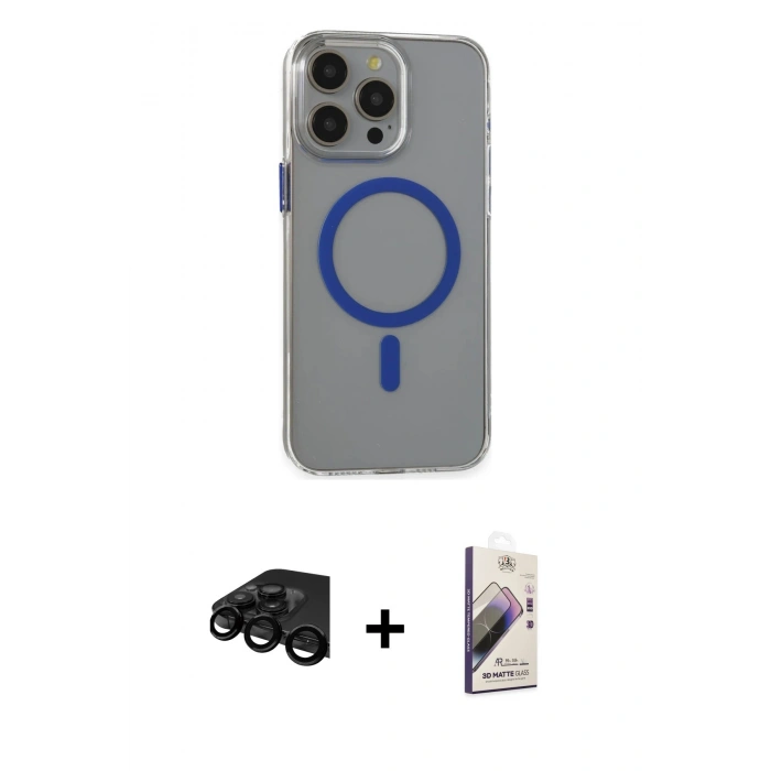 MARSİLYAN™- iPhone 15 Pro Max Kılıf Odak Form Özel Seri - Siyah Bilvis 3D Mat Cam Ekran Koruyucu + Siyah Raze Metal Kamera Lens