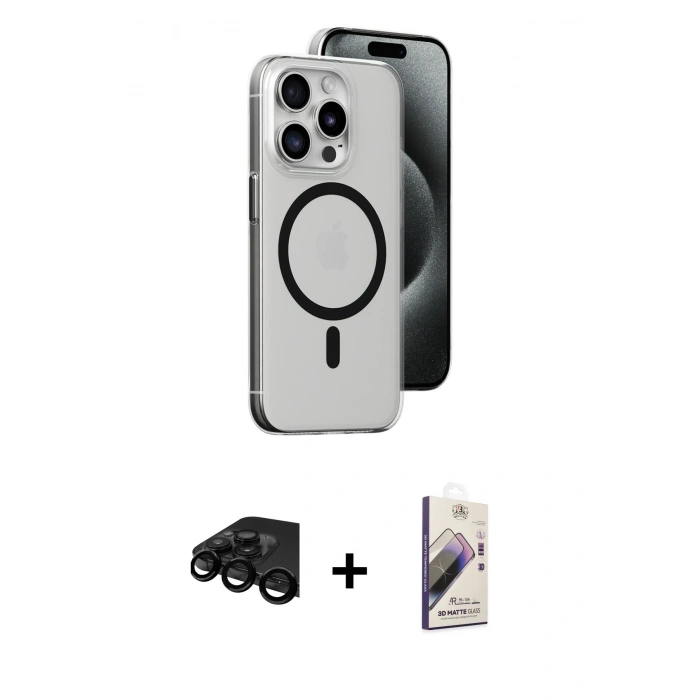 MARSİLYAN™- iPhone 15 Pro Max Kılıf Odak Form Özel Seri - Siyah Bilvis 3D Mat Cam Ekran Koruyucu + Siyah Raze Metal Kamera Lens