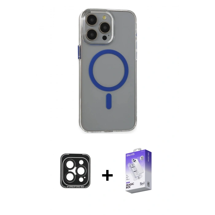 MARSİLYAN™- iPhone 15 Pro Max Kılıf Odak Form Özel Seri - Siyah Bilvis 5in1 3D Magic Cam Ekran Koruyucu + PVD Metal Kamera Lens - SH