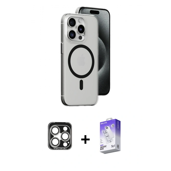 MARSİLYAN™- iPhone 15 Pro Max Kılıf Odak Form Özel Seri - Siyah Bilvis 5in1 3D Magic Cam Ekran Koruyucu + PVD Metal Kamera Lens - GS
