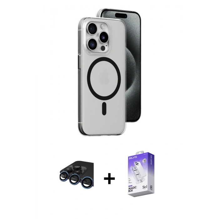 MARSİLYAN™- iPhone 15 Pro Max Kılıf Odak Form Özel Seri - Siyah Bilvis 5in1 3D Magic Cam Ekran Koruyucu + Lacivert Raze Metal Kamera Lens