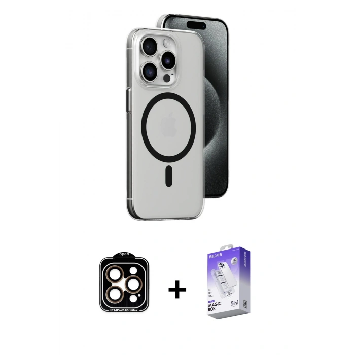 MARSİLYAN™- iPhone 15 Pro Max Kılıf Odak Form Özel Seri - Siyah Bilvis 5in1 3D Magic Cam Ekran Koruyucu + PVD Metal Kamera Lens - TU