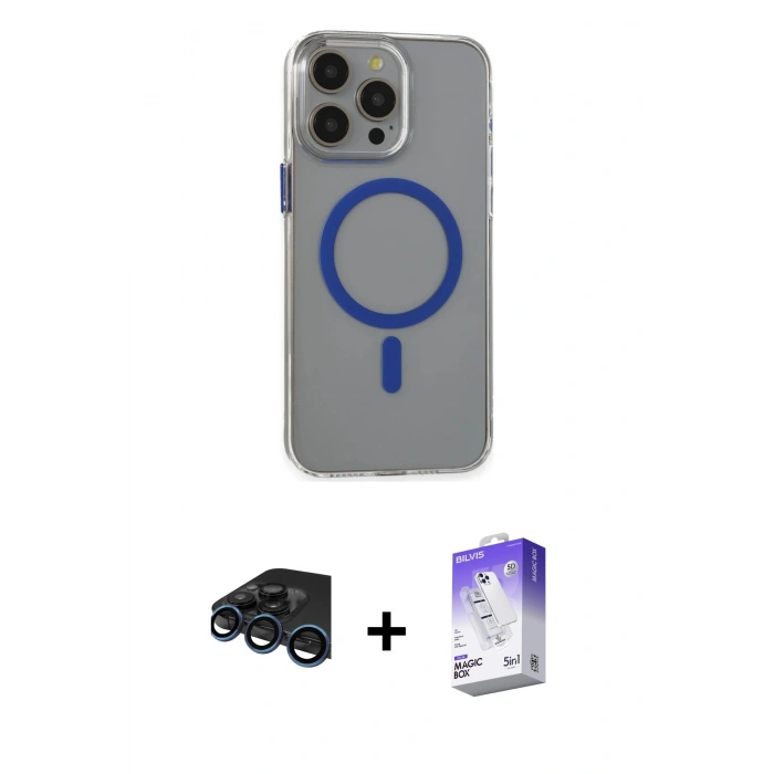 MARSİLYAN™- iPhone 15 Pro Max Kılıf Odak Form Özel Seri - Siyah Bilvis 5in1 3D Magic Cam Ekran Koruyucu + Lacivert Raze Metal Kamera Lens