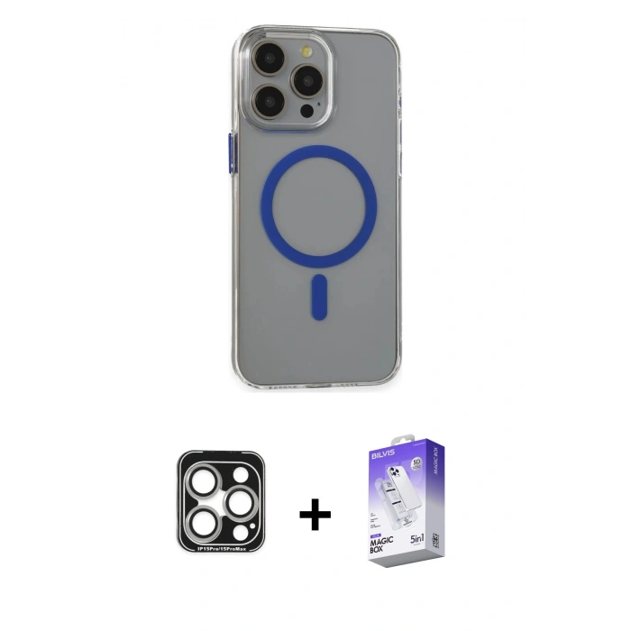 MARSİLYAN™- iPhone 15 Pro Max Kılıf Odak Form Özel Seri - Siyah Bilvis 5in1 3D Magic Cam Ekran Koruyucu + PVD Metal Kamera Lens - GS