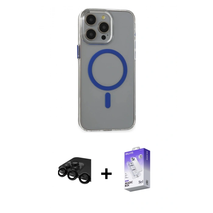 MARSİLYAN™- iPhone 15 Pro Max Kılıf Odak Form Özel Seri - Siyah Bilvis 5in1 3D Magic Cam Ekran Koruyucu + Raze Metal Kamera Lens - SH