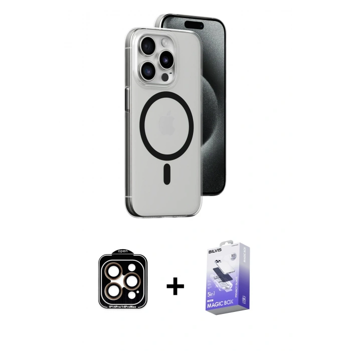 MARSİLYAN™- iPhone 15 Pro Max Kılıf Odak Form Özel Seri - Siyah Bilvis 5in1 5D Magic Hayalet Cam Ekran Koruyucu + PVD Metal Kamera Lens - TU