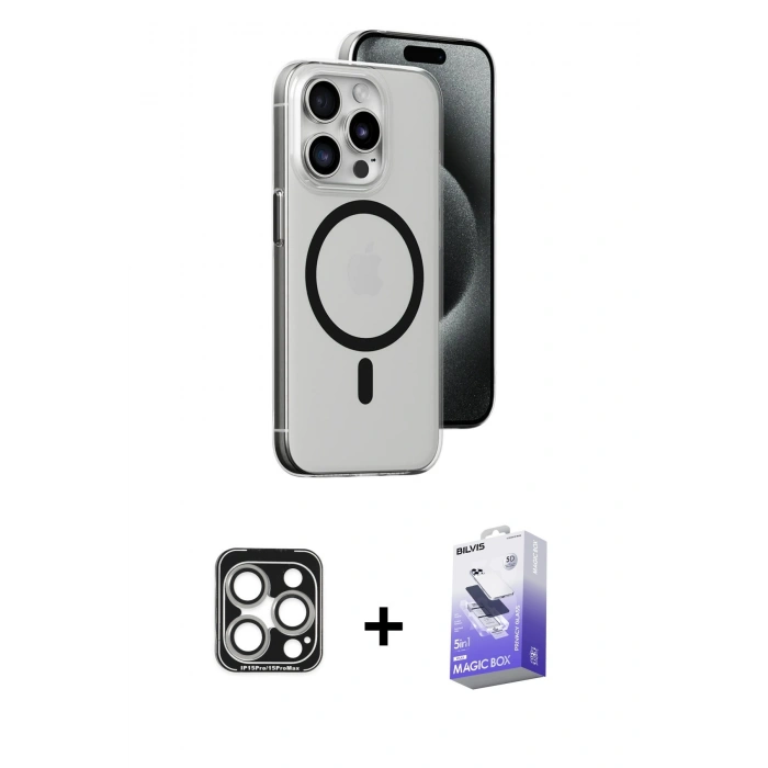 MARSİLYAN™- iPhone 15 Pro Max Kılıf Odak Form Özel Seri - Siyah Bilvis 5in1 5D Magic Hayalet Cam Ekran Koruyucu + PVD Metal Kamera Lens - GS