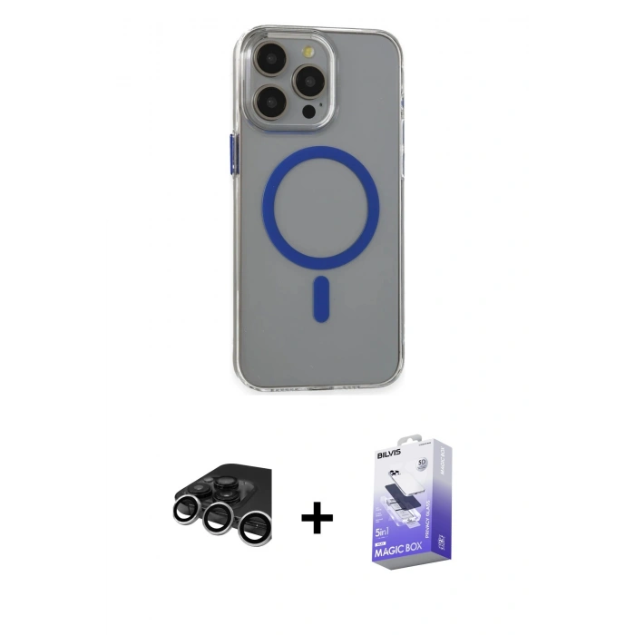 MARSİLYAN™- iPhone 15 Pro Max Kılıf Odak Form Özel Seri - Siyah Bilvis 5in1 5D Magic Hayalet Cam Ekran Koruyucu + Raze Metal Kamera Lens - GS