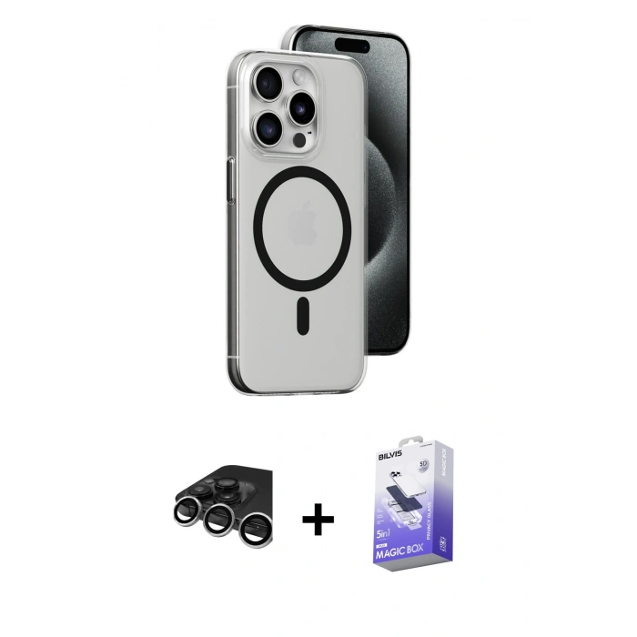 MARSİLYAN™- iPhone 15 Pro Max Kılıf Odak Form Özel Seri - Siyah Bilvis 5in1 5D Magic Hayalet Cam Ekran Koruyucu + Raze Metal Kamera Lens - GS